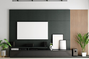 Tv screen mockup on a wall in modern living room , 3d render