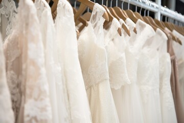 rows of bridal gowns hanging on a rack in dresses shop