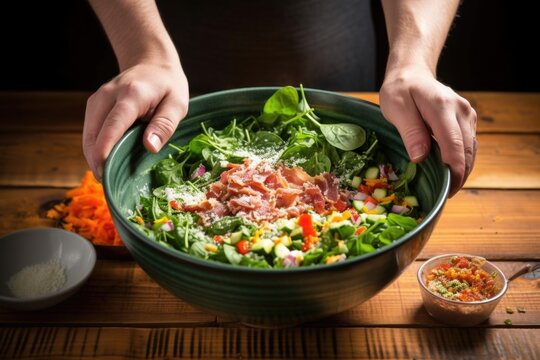 hand clustering bacon bits into a spinach-packed salad bowl