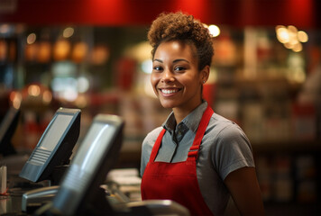 Portrait of a young african american cashier smiling at the camera in a coffee shop
