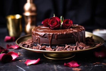 Obraz na płótnie Canvas dark cacao date vegan cake on a rose gold tray
