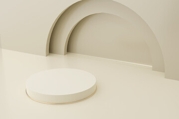 3d podium on table against beige background. 3d rendering of realistic presentation for product advertising.