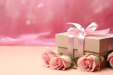 Valentine's Day Gift Box with Pink Roses on Pink Background