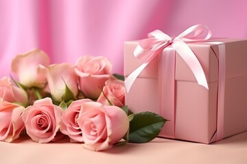 Valentine's Day Gift Box with Pink Roses on Pink Background
