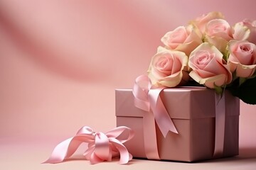 Valentine's Day Gift Box with Pink Roses on Pink Background