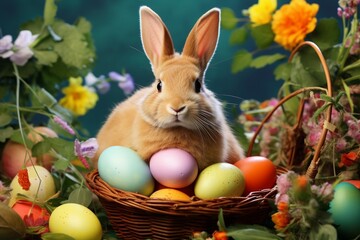 Fototapeta na wymiar Easter Bunny and Colorful Eggs in Flower Nest
