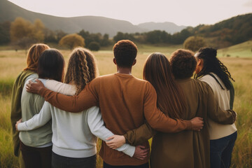 Group of mix race people hugging each other in the meadow supporting each other symbolizing unity, back view