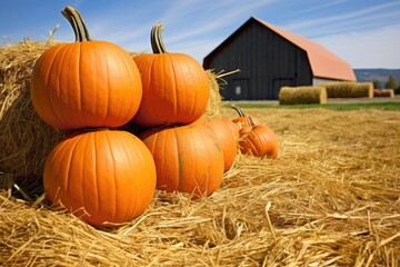 orange pumpkins on a haystack in a farm