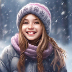 Illustration of ai girl smiling in winter clothes outdoors in winter