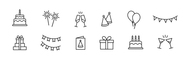 Celebration party icon. Birthday celebration vector icons collection. Party celebration outline icon 