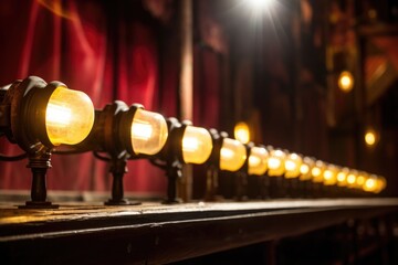 row of antique footlights illuminating a theater stage