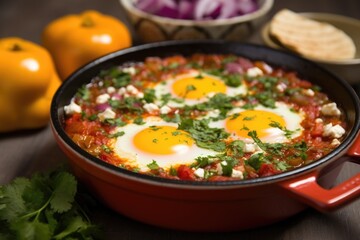 shakshuka in a multi-colored ceramic dish