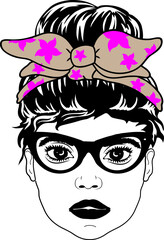 Women with Messy Bun Bandana Clipart mom life Woman's face Middle finger