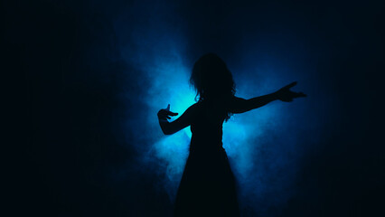 Silhouette dancing. Contemporary performance. Graceful flexibility. Tender slim woman moving in...