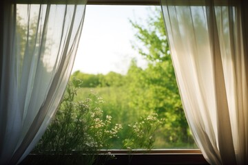 a wide open window with sheer curtains rustling in the breeze - obrazy, fototapety, plakaty