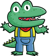 Funny green crocodile cartoon character in happy standing pose