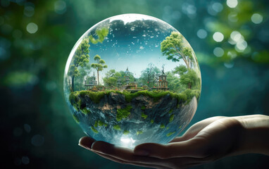 Hand holding glass globe in the in nature. Protecting the earth's water resources,, environmental protection concept. - obrazy, fototapety, plakaty