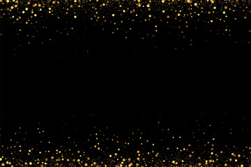 Gold glitter confetti falling vector illustration. Glittery fairy sparkle dust, holiday luxury sparkles sparkle and glow on black background.