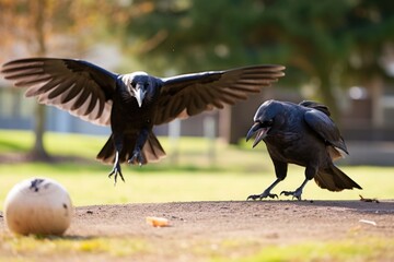 Fototapeta premium a crow stealing a shiny object while another crow watches on