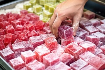 hand examining turkish delight for quality in factory - obrazy, fototapety, plakaty