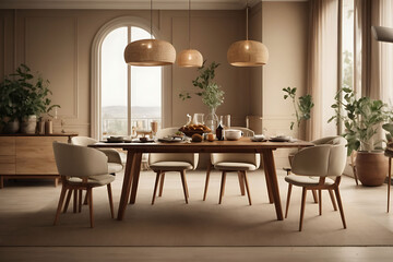 Fototapeta na wymiar Architectural Innovation: 3D Render of Dining Room with Wood Furniture