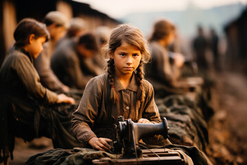 Fototapeta na wymiar Child labour, children sewing clothes for textile and fashion industry, social issue