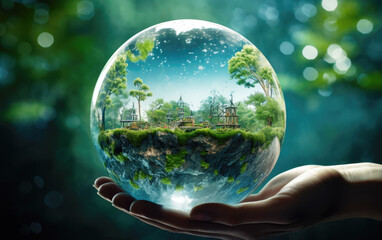Hand holding glass globe in the in nature. Protecting the earth's water resources,, environmental...