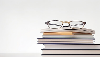 Glasses on a stack of books on a white background. 