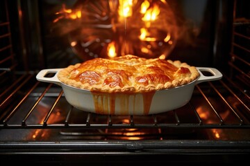 oven view of a turkey meat pie getting baked - obrazy, fototapety, plakaty