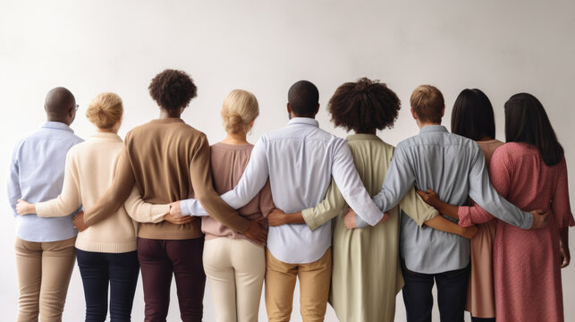 Group of mix race people hugging each other supporting each other symbolizing unity, back view