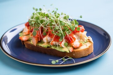 an open-faced lobster toast sandwich on a light blue plate