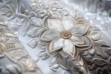 detailed shot of silver embroidery on a white tallit