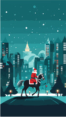 Père Noël montant un cheval au milieu de la ville, la nuit