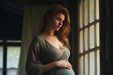 Fototapeta na wymiar Portrait of beautiful pregnant woman near window. Cute female person belly happy. Generate Ai