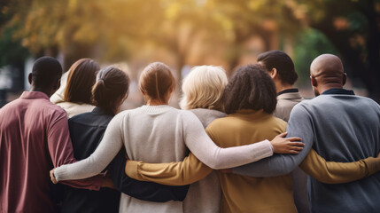 Group of mix race people hugging each other in the park supporting each other symbolizing unity, back view