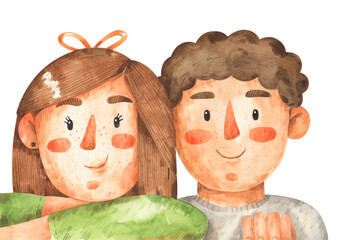 Cute watercolor portrait of girl and boy. Hand-drawn cartoon  illustration of couple of children