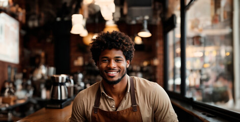 Happy young waiter, small business coffee shop owner looking at the camera. Medium body shoot. Handsome gorgeous african american young model man, afro hair. For advertising, ad, ads resource. Indoors