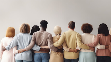 Group of mix race people hugging each other supporting each other symbolizing unity, back view - obrazy, fototapety, plakaty
