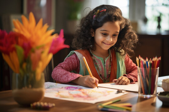 Indian little girl doing drawing homework at home