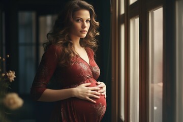 Portrait of beautiful pregnant woman near home window. Care hand maternity love. Generate Ai