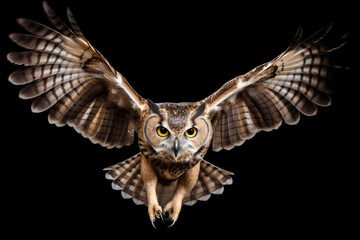 Flying owl on a black background