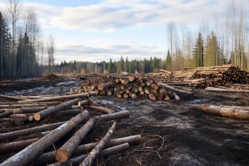 pile of deforested logs lying in an otherwise empty forest area