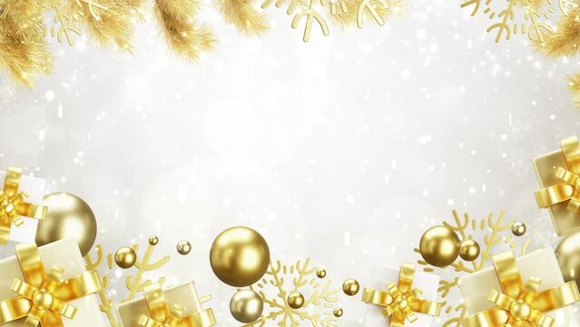 greeting card merry christmas holiday season with snowflakes shining light decorations. Beautiful Happy New Year festive frame abstract particles falling glitter animation background.