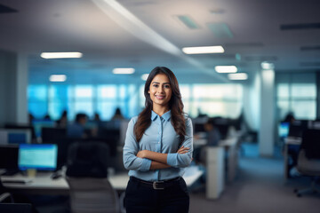 Successful young Indian businesswoman standing in office