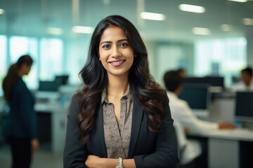 Successful young Indian businesswoman standing in office