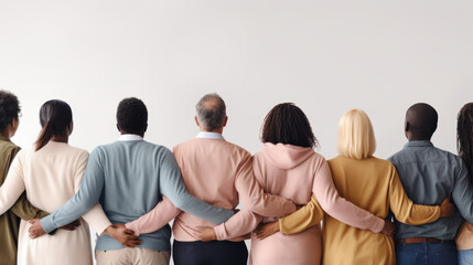 Group of mix race people hugging each other supporting each other symbolizing unity, back view - obrazy, fototapety, plakaty