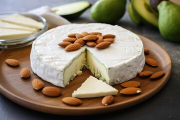 Obraz na płótnie Canvas rice cake with avocado, cream cheese and almonds on a circular platter