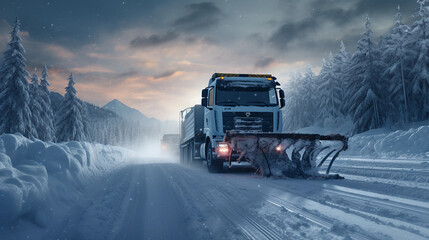now clearing situation whowing a truck with a snowplow - obrazy, fototapety, plakaty