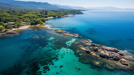 Fototapeta na wymiar An aerial view of a tropical island's coastline, featuring coral reefs and crystal-clear waters