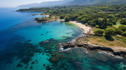 An aerial view of a tropical island's coastline, featuring coral reefs and crystal-clear waters